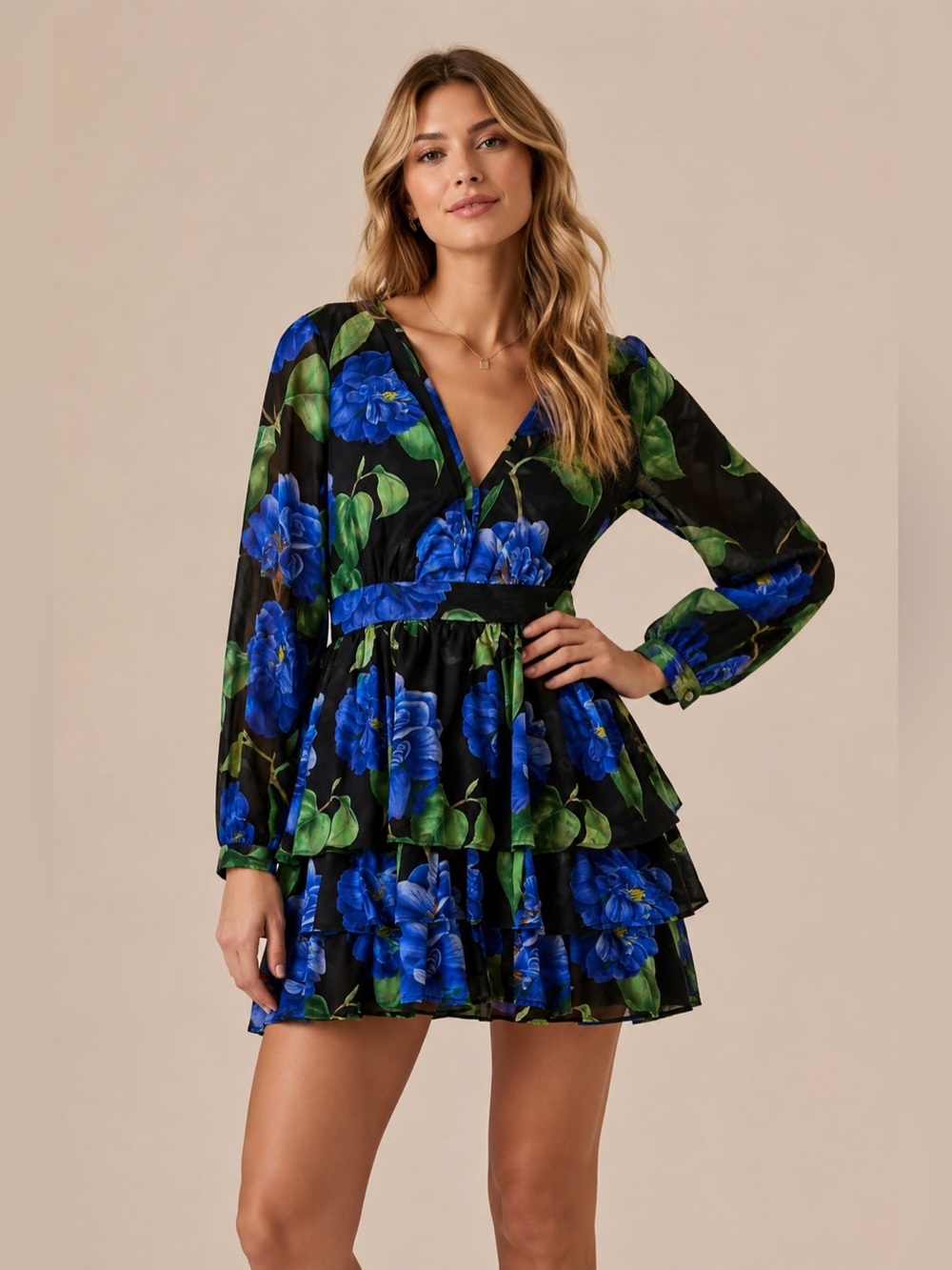 SIENA Blue Floral Tiered Ruffle Mini Dress Size 6 NWT